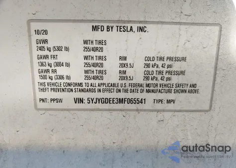 2021 Tesla Model Y Long Range Dual Motor All-Wheel Drive из США, поврежденный, VIN 5YJYGDEE3MF065541